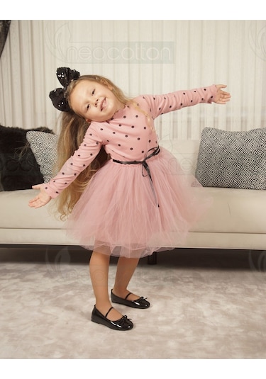 Puantiyeli Kız Çocuk Uzun Kollu Doğum Günü Ve Özel Günler İçin Tüllü Elbise Gülkurusu