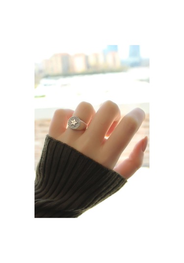 Gümüş Renk Zirkon Taşlı Plaka Yıldız Yüzük Gümüş