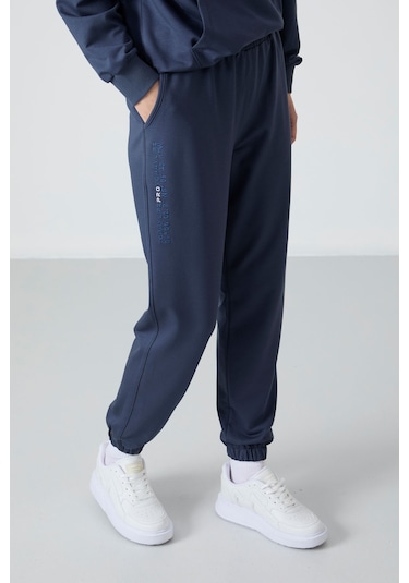 Tommy Life Petrol Kapüşonlu Kanguru Cep Oversize Lastik Paça Kadın Eşofman Takımı - 95288 Petrol