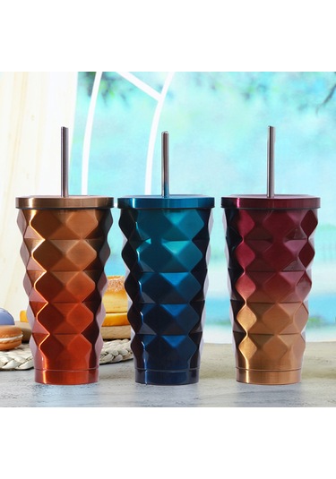 Kosona 500ml Mor Gradyan Diamond Desenli 304 Paslanmaz Çelik Vakumlu Isı Saklama Bardak, Pipet Ve Kapaklı, Ofis/seyahat İçin Diğer