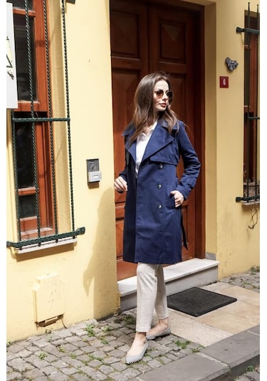 Pastelastore %100 Pamuk Gabardin Midi 95cm Astarlı Kemerli Kadın Trençkot 1113 Lacivert