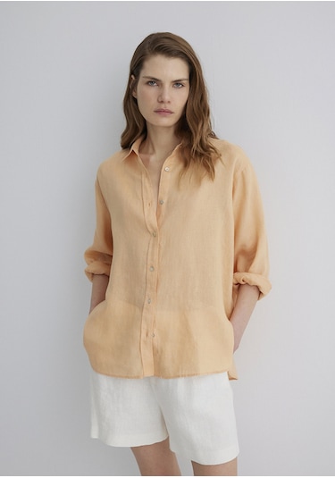 Mavi - Turuncu Keten Gömlek 1210747-71219 Turuncu