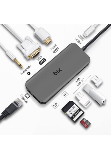 Bix BX11HB Type-C to HDMI VGA Ethernet 3.5mm Aux Jack USB 3.0 PD Kart Okuyucu Dönüştürücü Adaptör Hub