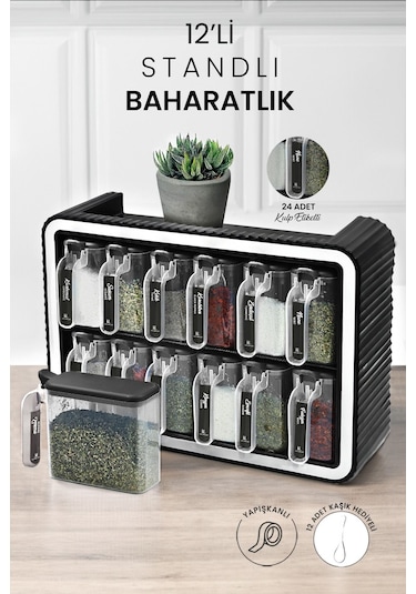 Kitchen Life 12 li Kendinden Yapışkanlı Kapaklı Kaşıklı Standlı Baharatlık Takımı Baharatlık Seti Kulplu Etiketli Beyaz - Siyah