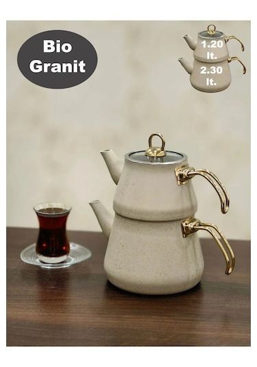 Yunusoğlu Home Granit Kaplama Gold Kulplu Cam Kapak Çaydanlık Kre Krem