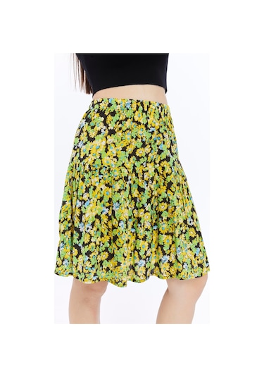Leila Viskon Kumaş Sarı Çiçekli Midi Boy Şort Etek Sarı