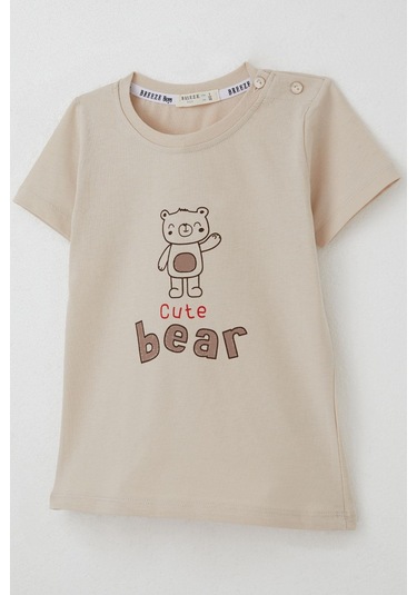 Breeze Erkek Bebek Şortlu Takım Havalı Ayıcık Baskılı 9 Ay-3 Yaş, Bej Bej