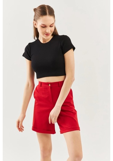 Kadın Kısa Kol Bisiklet Yaka Vücuda Oturan %100 Pamuklu Kaşkorse Esnek Crop Bluz Siyah