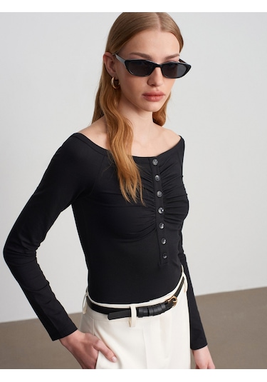 Dilvin 32661 Düğme Detaylı Bodysuit-siyah Siyah