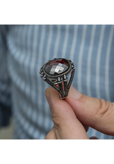 Oval Kırmızı Taşlı 925 Gümüş Erkek Yüzük