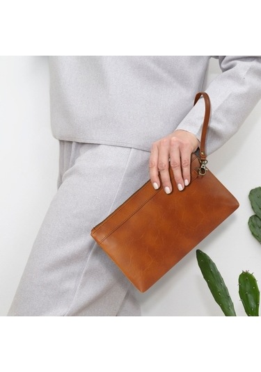 Shidai888 Retro Deri Debriyaj Fermuarlı Zarf Çanta Kahverengi