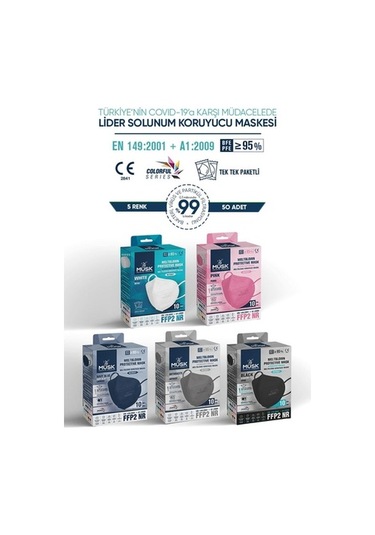 Musk Ffp2 Maske 50 Adett ( Gri,Siyah,Beyaz,Lacivert,Pembe)
