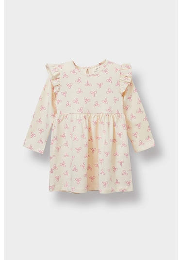 Defacto Kız Bebek Desenli Uzun Kollu Elbise F4548a525auer134 Ekru