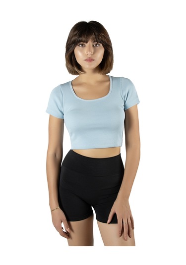 Açık Mavi Havuz Yaka Fitted/vücuda Oturan Kısa Kol Crop Tişört Açık Mavi