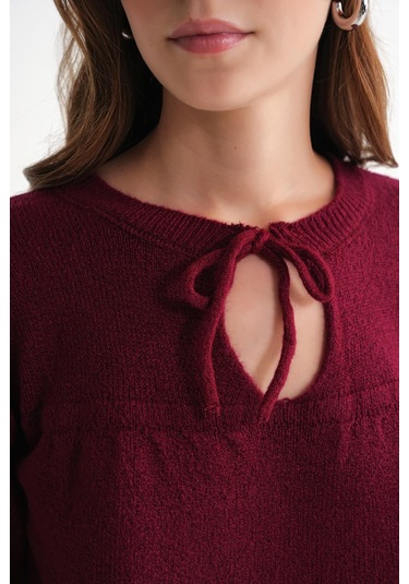 6950 Kadın Yakası Bağcıklı Pileli Triko Kazak Bordo Bordo