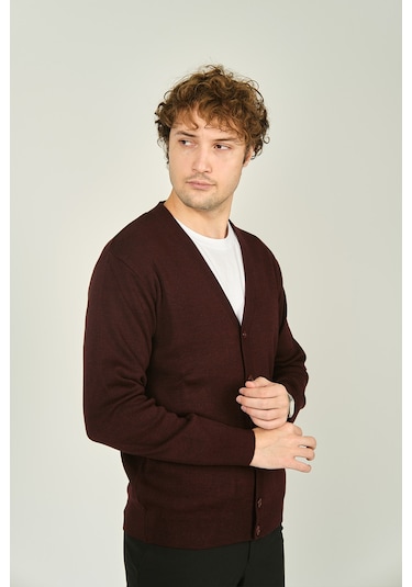 Ateş Triko Erkek V Yaka Düğmeli Uzun Kollu Yün Hırka 1020 K.bordo K.bordo Koyu Bordo