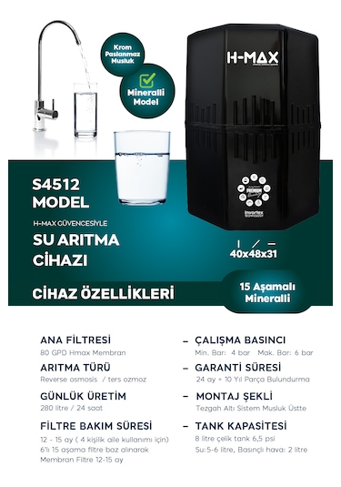 12 L Çelik Tank 15 Aşama Multi Mineral Su Arıtma Cihazı Hmaxs4512
