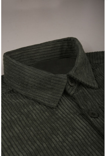 Deepsea Erkek Yeşil Kadife Fitilli Rahat Kesim Gömlek Yumuşak Dokulu Likralı Kadife Gömlek 2600758 Yeşil