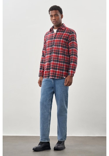 Kırmızı Yünlü Ekose Desen Yumuşak Yaka Cepsiz Uzun Kol Casual Comfort Fit Gömlek 1004245227 Kırmızı