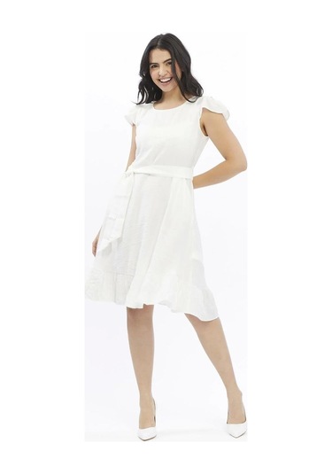 Apsen 3886/100 Kadın Renk Beyaz Omuz Detaylı Büzgülü Midi Boy Yazlık Elbise Beyaz