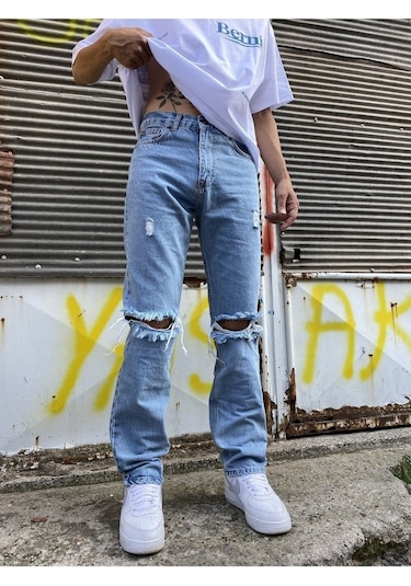 Kot Rengi Dizi Yırtık Baggy Jean-Erkek Kot Mavi
