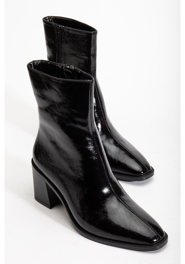 Siyah Kadın Kalın Topuklu Bot Rugan Küt Burun Yüzüdüz-4254 Siyah
