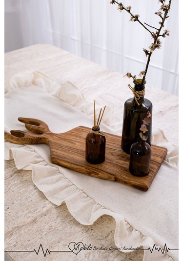 Düz Bej 40x125 Şık Tasarım Ekstra Büyük Fırfırlı Runner, %100 Keten Runner Bej