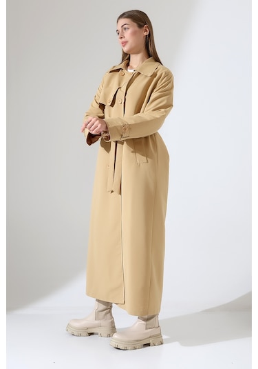 Amazon Keten Kumaş Uzun Boy Düğmeli Astarlı Yumuşak Dokulu Trenç Kot Camel CAMEL