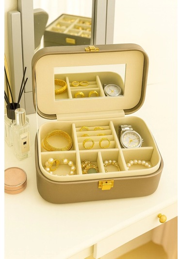 Deri Seyahat Takı Bijuteri Mücevher Kutusu Organizer Düzenleyici 20cm Bronz İthal Ürün
