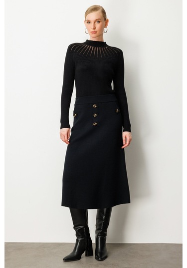 On Kadın Düğmeli Triko Etek 65207 Siyah Siyah