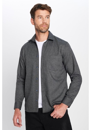 Erkek Regular Fit Klasik Kesim Pamuklu Tek Cepli Armürlü Kışlık Oduncu Siyah Gömlek-28599 Siyah