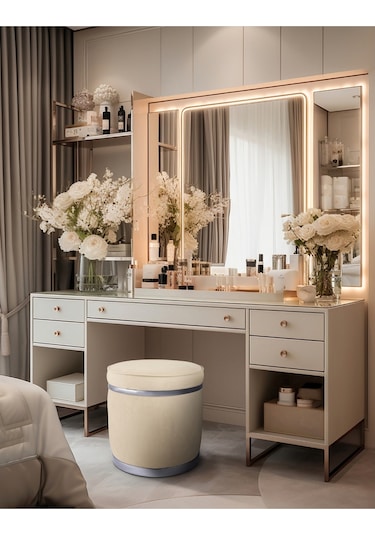 Zerafet Silver Kaplama Luxery Puf- Krem Babyface Kumaş Pofuduk Oturma Pufu&makyaj Pufu&bench