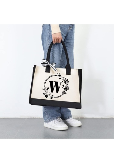 Tuval El Çantası Mektuplar Çiçek Taşınabilir Plaj Omuz Alışveriş Tote Çanta W A433 Siyah