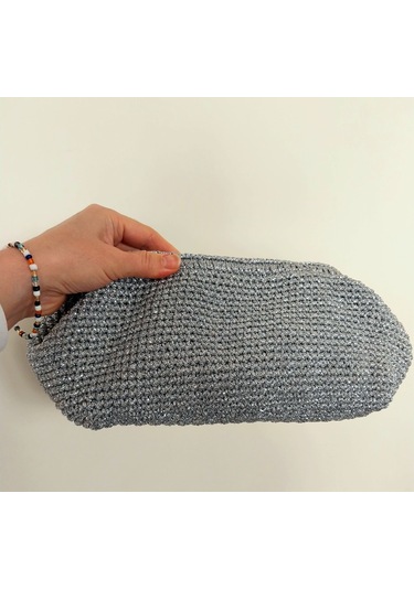 Parlak Tutmalı El Çantaları , El Yapımı Işıltılı Clutch, Örgü El Çantası Açık Gri
