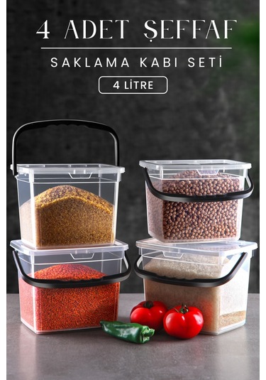 Kitchen Life Mega Boy 4'lü Kare Un Baklüyat Kabı 4 Lt Kulplu Deterjanlık Saklama Kutusu Kabı 4 Adet