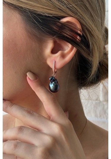 Siyah Barok İnci Kolye Küpe İkili Set 45 Cm / Sarı Gümüş