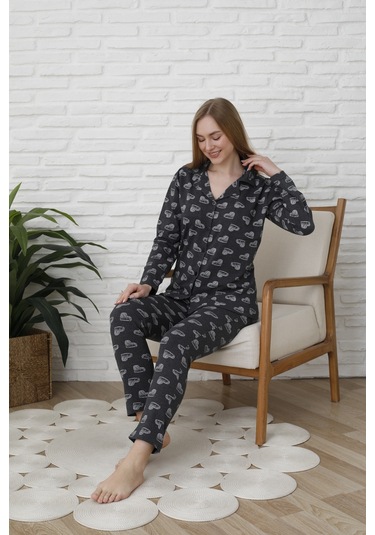 Fames Pijama Uzunkol Düğmeli Penye Pijama Takimi Kalpli Beyaz