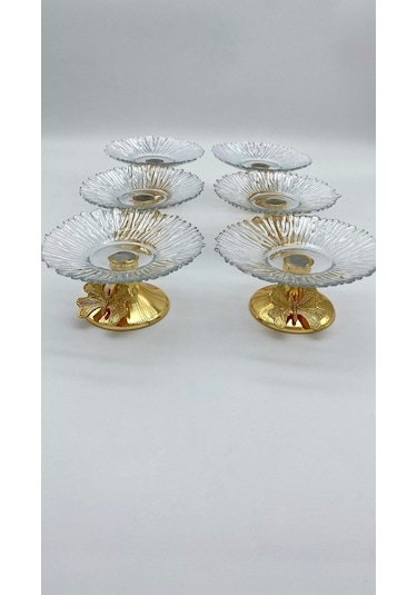 6'lı Kelebek Ayaklı Gold Cam Lokumluk, Şekerlik, Çerezlik, Kahve Yanı Sunumluk 13cm Gold