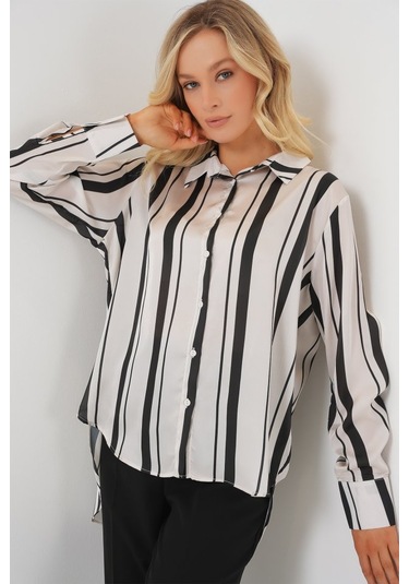 Gülsüm Aydın Çizgili Uzun Saten Gömlek 20291 - Siyah Siyah