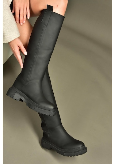 Fox Shoes V973555509 Siyah Düz Tabanlı Kadın Binici Çizmesi Siyah