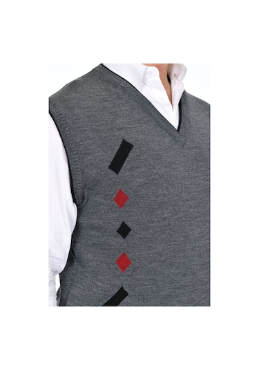 Kamalı Gri Erkek Çelik Örgü Kışlık Kalın Triko V Yaka Triko Örgü Tüylenmez Süveter Gri