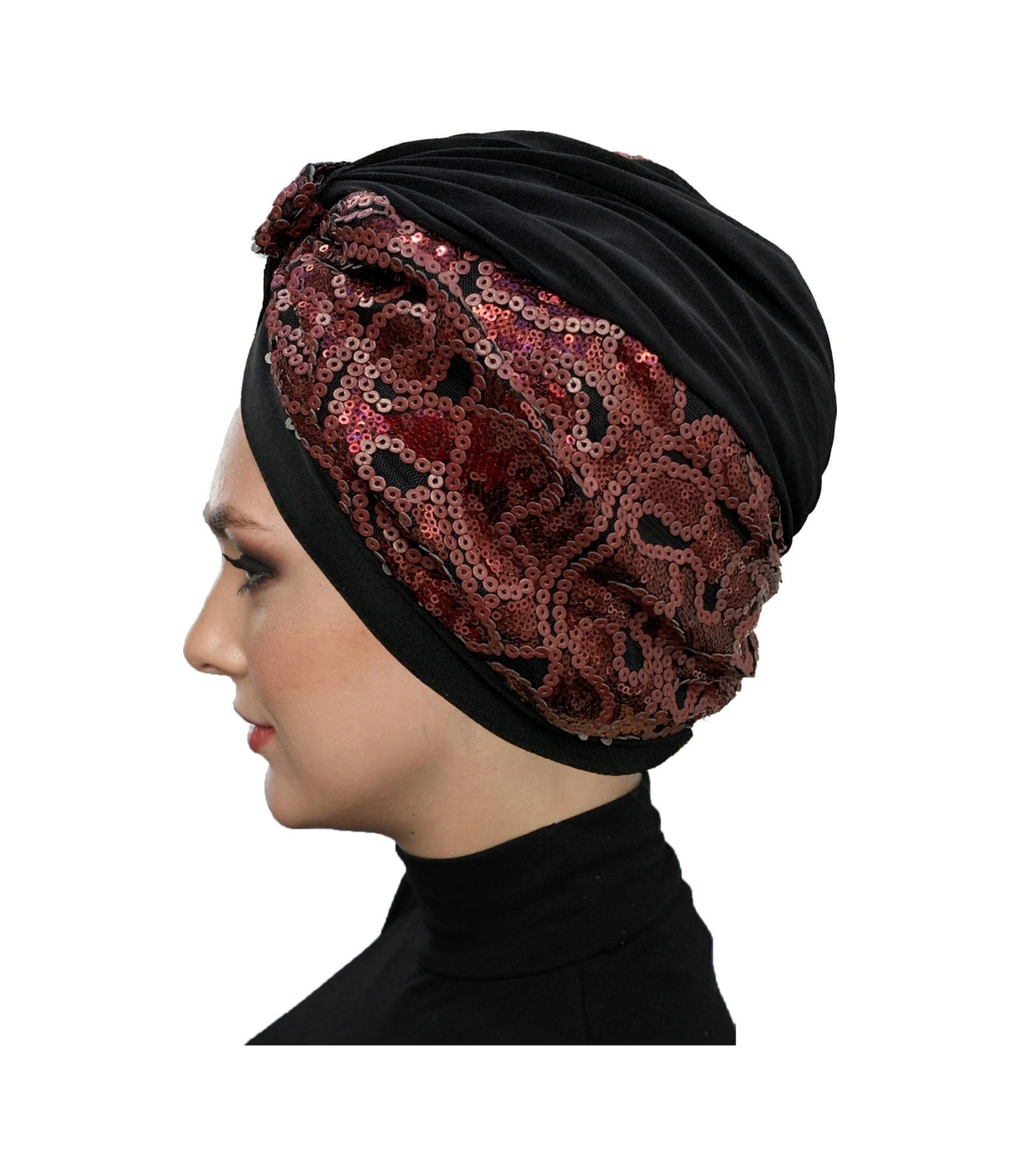 Özel Tasarım Siyah Üzeri Bordo Desenli Payetli Astarlı Hazır Türban Tesettür Abiye Bone Siyah27
