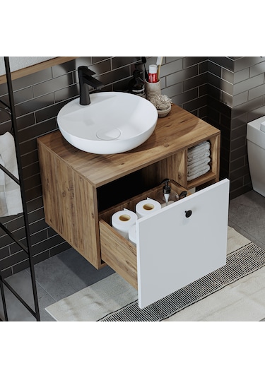 Lotus Lavabolu Mdf 65 Cm Banyo Dolabı + Aynalı Dolap Atlantik Çam - Beyaz