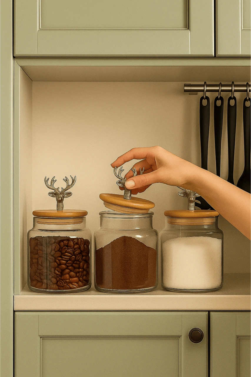 3'lü Metal Siyah Geyik Figürlü Bambu Kapaklı Cam Kavanoz Şık Saklama Kabı 635 Cc Şeffaf