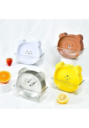 Beyaz Atıştırmalık Tabağı Sevimli Ayı Deseni   İstiflenebilir Yuvarlak Kenarlar Çok Amaçlı Plastik Yerden Tasarruflu