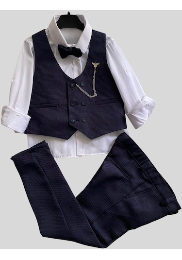 Matrix Yelekli Zincirli Erkek Çocuk Takım Elbise Lacivert
