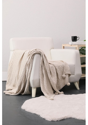 Biocotton Triko Ponponlu Örgü Tv Battaniyesi - Bej