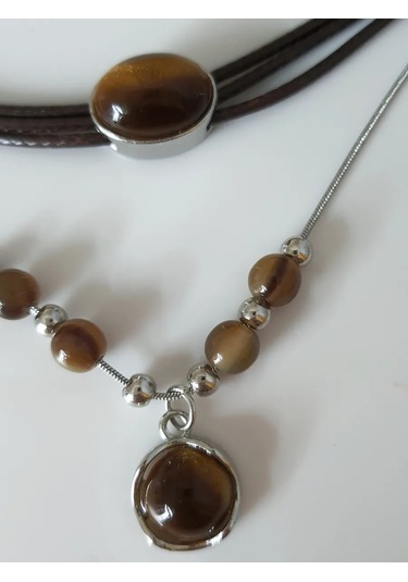 Proshik Kahverengi Taşlı Choker Kolye Seti 2 Adet 321031771
