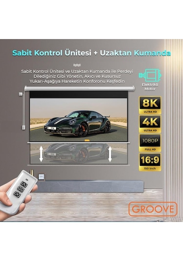 Groove Vizio Pro 150 Inch Blackout Işık Geçirmez Elektrikli Otomatik Kumandalı Projeksiyon Perdesi 332x188cm +motorlu+canlı Renkler+göz Koruması+leke Tutmaz Projector