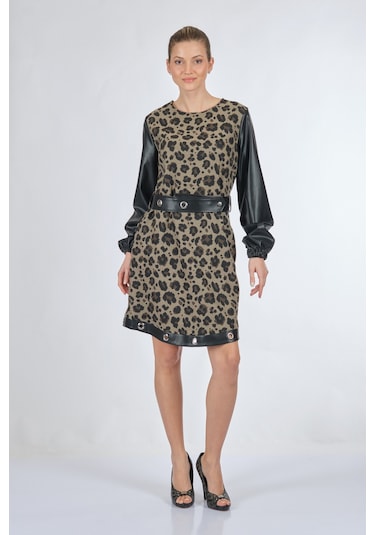 Unique Mode Yuvarlak Yaka Leopar Desenli Siyah Kadın Elbise UW233